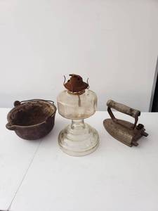 lot 9244 image: Antique Kettle ,Lamp and Iron
