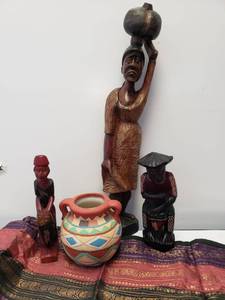 lot 9288 image: Wooden Craved Statues and Pottery