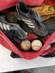 lot 9373 image: Bat Bag 2 Baseballs Mens Cleets Size 11 and Mitt