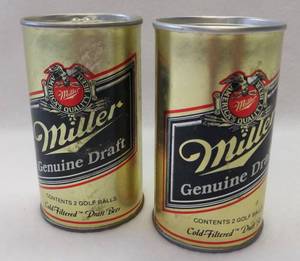 lot 5376 image: 2 Sealed Vintage Miller Genuine Draft Beer Cans  Promo Golf Balls