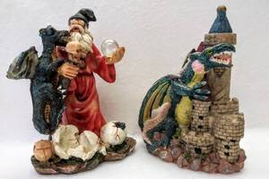 lot 5386 image: 2 Ks Collection Resin Mystic & Magic Figurines  Dragon & His Castle & a Wizzard