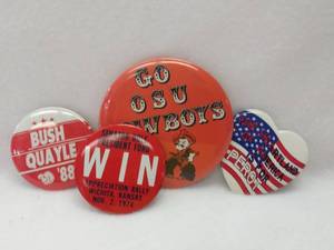 lot 5394 image: 3 Vintage Political Rally Pins  Bonus OSU Cowboys 1972 Pin