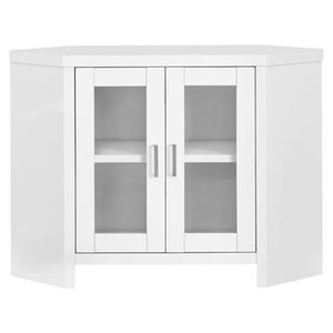 lot 2613 image: TV STAND - 42L  WHITE CORNER WITH GLASS DOORS