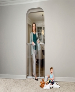 lot 2744 image: Regalo Easy Step Extra Tall Walk Thru Baby Gate, Includes 4-Inch Extension Kit, 4 Pack of Pressure Mount Kit and 4 Pack Wall Cups and Mounting Kit