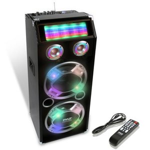 lot 2754 image: Pyle PSUFM1035A Bluetooth 1000 Watt 2-Way Speaker System with SD Card Reader, FM Radio, 3.5mm AUX Input and Flashing DJ Lights