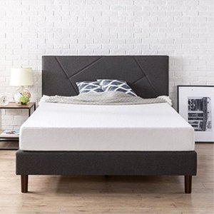 lot 2761 image: Zinus Upholstered Geometric Paneled Platform Bed  Mattress Foundation  Easy Assembly  Strong Wood Slat Support, Queen