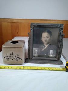 lot 68 image: Antique wood swivel photo frame and Kleenex box cover
