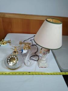 lot 73 image: Faux crystal phone and antique table lamp