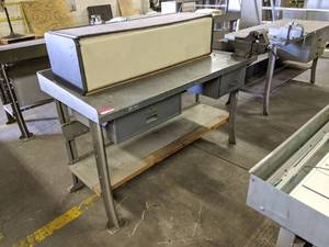 lot 5652 image: Work Table With Craftsman Clamp And Overhead Storage Bin