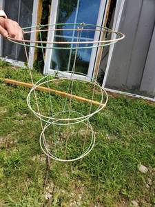 lot 8216 image: Lot of 2 . Pink and Green Metal Garden Collapsible Tomatoes Vine Cages