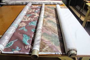 lot 6243 image: This Lot Contains DI Lewis Studios The Knickerbocker Collection #1, Solid Ivory Textured Roll, Interior Fabric design Floral Sheen (2) 56 and (1) 48