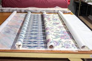 lot 6246 image: (4) Rolls of Fabric, DI Lewis Studios Knickerbocker Collection, Interior Fabric Design Inc (1989), Very Nice Southwestern Pattern and Solid White