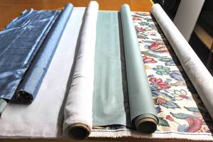 lot 6221 image: This Lot Contains (4) Rolls of Fabric, (3) Solid Sheer and Sheen and (1) Waverly Print Roll
