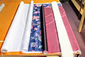 lot 6227 image: This Lot Contains (4) 56 Rolls of Design Fabric, Interior Fabric Design, Sturbridge Village, Navy, Burgandy, Floral, Sheens