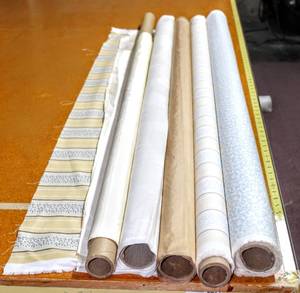 lot 6216 image: Lot of (5) Fabric Rolls including Kravet Couture, Kaufmann Fabrics, Duralee Fabrics (4) 56 Rolls (1) 48 Roll, Beautiful Sheen, Blues, Whites, Yellows and Tans
