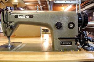 lot 6207 image: Vintage Commercial Brother High Speed Lock Stitch Machine DB2-B714-3 with 121H Industrial Clutch Motor, Table and Accessories included
