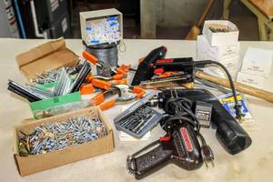 lot 6288 image: This Lot Contains Weller Soldering Gun and Metal Spool, Jorgensens Bar Clamps, Cordless Drill, Various Bits, Screws, Nails, Staple Guns and Staples, Clips and more