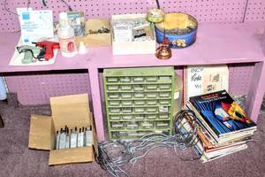 lot 6289 image: This Lot Contains Shelf Organizer with Contents, (2) Pistol-Grip Swiftacher Tools, Sewing, and Quilting Accessories