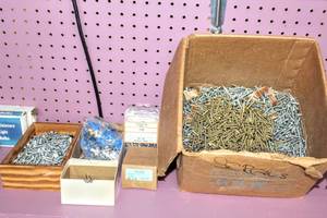 lot 6290 image: Entire Shelf Contents, Lysol (used), Room Fragrance, Miniature Light Bulbs, Screws, Nails, Bostitch Air Tacker, Staples and more...