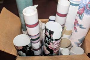lot 6307 image: Box Full of Wall Paper Rolls Various Sizes and Patterns