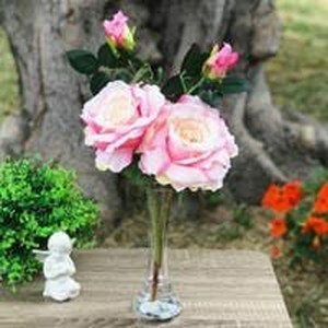 lot 86087 image: Enova Home 2 Large Stems Silk Open Rose Flower in Clear Glass Vase