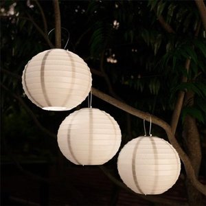 lot 86110 image: Pure Garden 50-LG1005 Chinese Lanterns-Hanging Fabric Lamps with Solar Powered LED Bulbs & Hanging Hooks, White - Pack of 3