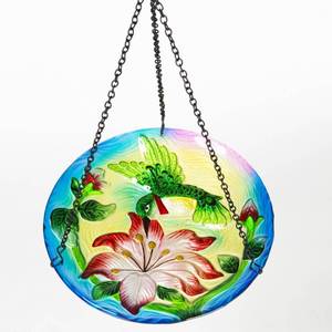 lot 86124 image: Winsome House Hummingbird With Flower Hanging Bird Bath, Blue