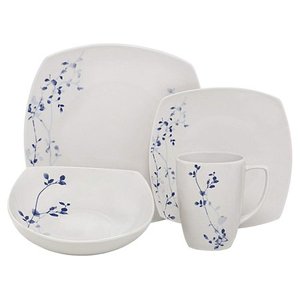 lot 86141 image: Melange 16 Piece Square Porcelain Dinner Set (Indigo Garden) Service for 4 Microwave, Dishwasher & Oven Safe Dinner Plate, Salad Plate, Soup Bowl & Mug (4 Each)