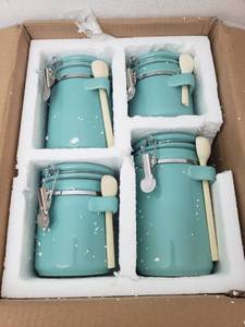 lot 86181 image: Home Basics 4-piece Ceramic Canister Set with Wooden Spoons, Turquoise