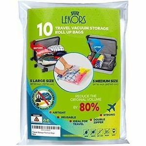 lot 591 image: Lekors - Travel Space Saver Bags - 5 Medium and 5 Large Roll Up Storage Bags