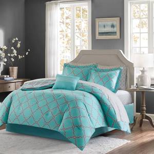 lot 2810 image: 9pc California King Becker Printed Complete Bed Set Aqua