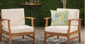 lot 2819 image: Pearl Outdoor Acacia Wood Club Chairs with Water Resistant Cushions, Set of 2, Teak Finish and Cream