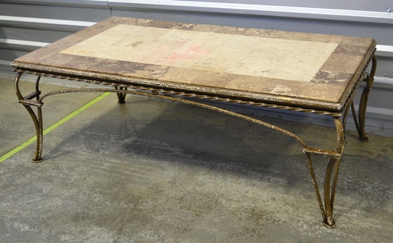 lot 2083 image: Stone top coffee table with decorative metal legs