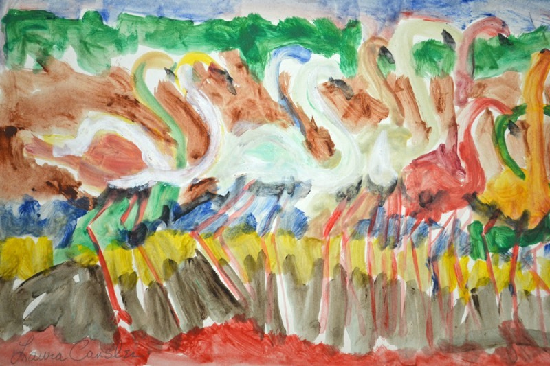 lot 5007 image: Watercolor depicting a stand of Flamingos