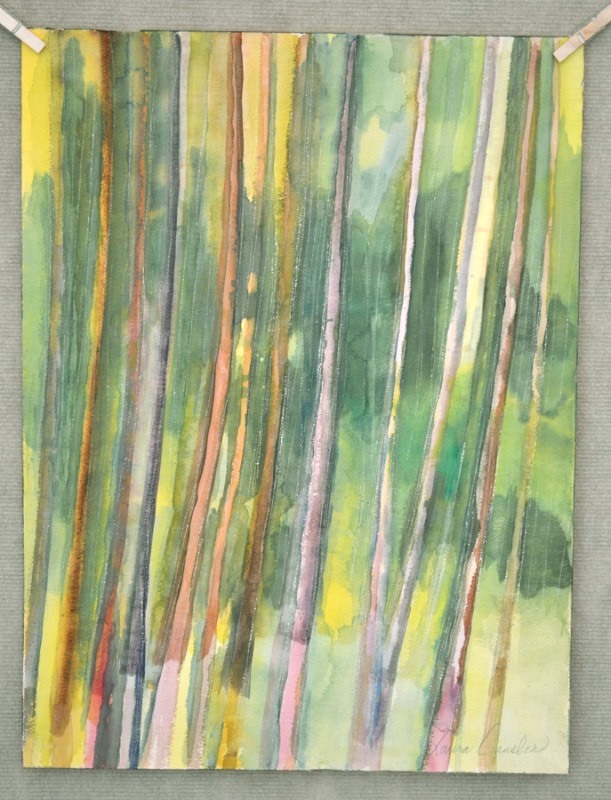 lot 5008 image: Watercolor depicting a forest full of tree trunks
