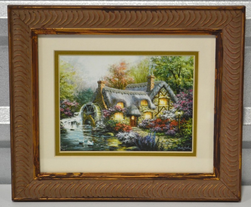 lot 5010 image: Framed Print - Thatched Cottage with Water Wheel