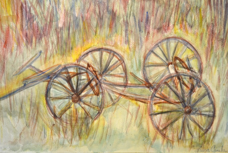 lot 5022 image: Watercolor depicting wagon wheels