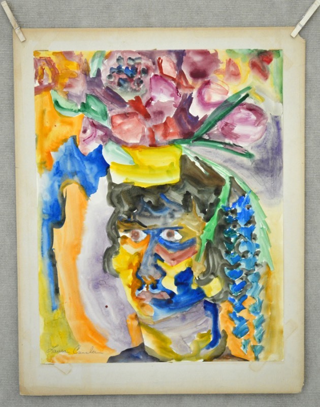 lot 5025 image: Watercolor depicting a woman wearing fruit on her hat