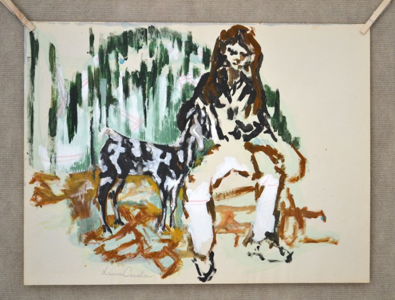 lot 5069 image: Acrylic painting depicting a woman with a goat