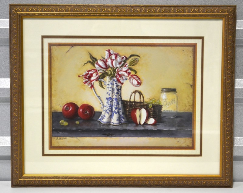lot 5070 image: Framed Print of Blue Vase with Flowers and Apples