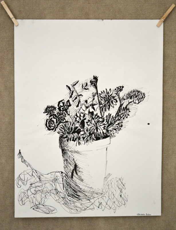 lot 5120 image: Ink drawing of a flower pot full of flowers