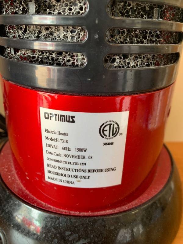Optimus Electric Heater Model H-7318 Location Garage Shelf 1 | Moving Out  of State Liquidation ✨ Power Recliner NFM Couches ✨ Computer Accessories u0026  Electronics ✨ Dog Training Equipment ✨ Camping Gear
