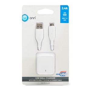 lot 22104 image: onn. USB Wall Charger with USB to USB-C 2.0 Sync & Charge Cable, White (2 Pack)