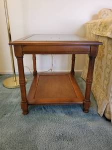lot 3915 image: Wooden Frame Glasstop End Table - Cane Shelf Below