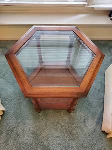 lot 3916 image: Hexagon Wooden Glasstop End Table with Cane Shelf Below