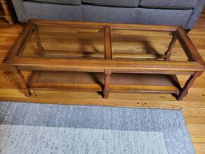 lot 3922 image: Rectangle Wooden Coffee Table with Lower Wicker Bottom and 2 Piece Glasstop