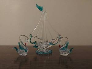 lot 8322 image: Spun Glass Sailboat with Matching Swans.