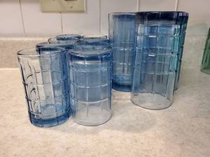 lot 8327 image: Anchor Hocking Tartan Blueberry Light Blue Heavy Cut Glasses (5) Tumblers & (8) Juice