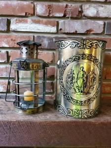 lot 9005 image: Lot of 2 Home Decor Pieces. T Light Lantern and Tin Trashcan