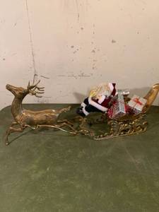 lot 9237 image: Brass Reindeer and Sled With Santa and Presents Location Basement